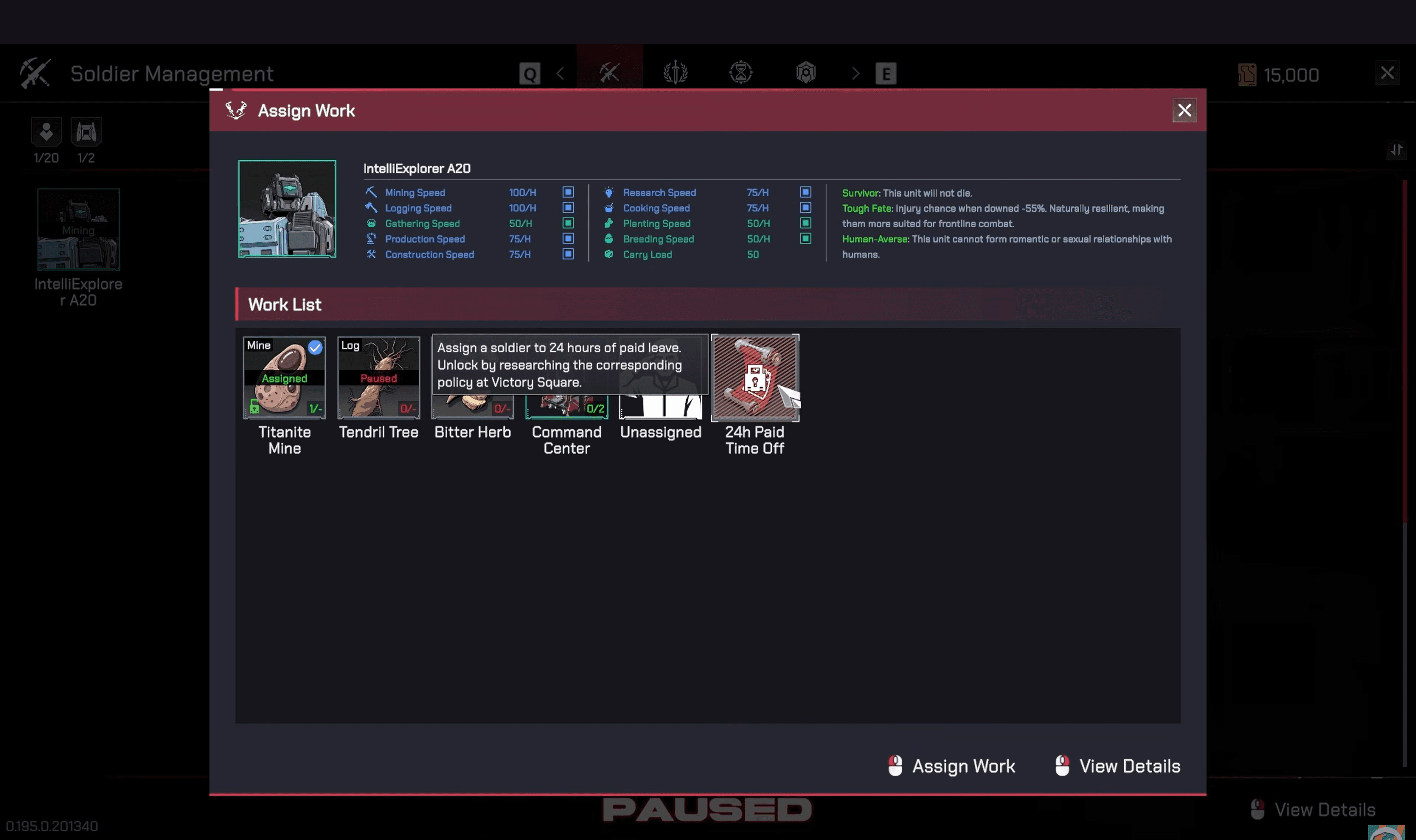 Pax Autocratica Soldier Management Assign Work screen
