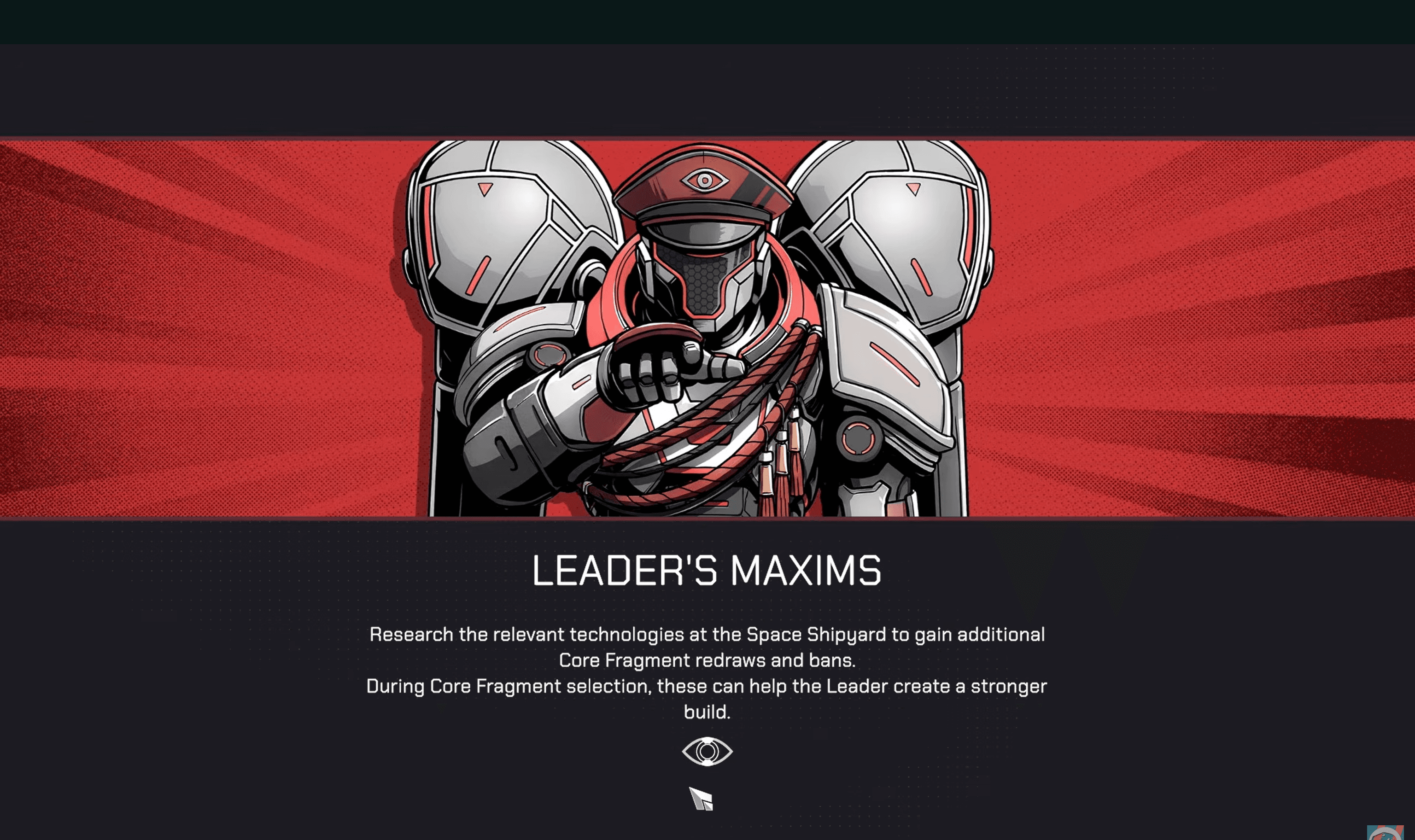Leader's Maxims tutorial screen explaining Core Fragment redraws and bans